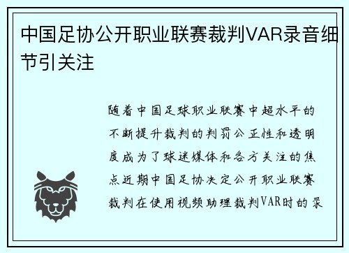 中国足协公开职业联赛裁判VAR录音细节引关注