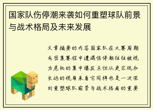 国家队伤停潮来袭如何重塑球队前景与战术格局及未来发展
