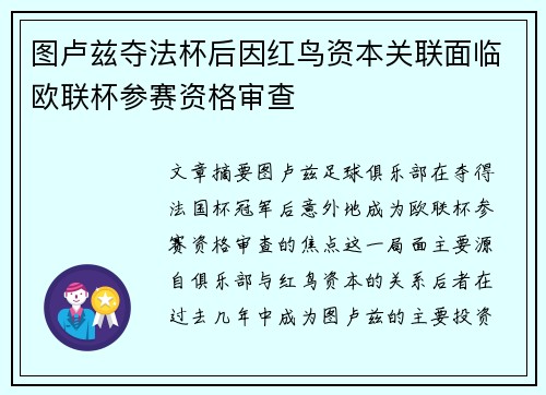 图卢兹夺法杯后因红鸟资本关联面临欧联杯参赛资格审查 图卢兹夺法杯后因红鸟资本关联面临欧联杯参赛资格审查